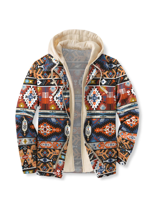 Men&#39;s Autumn &amp; Winter Outdoor Casual Vintage Ethnic Print Hooded Jacket