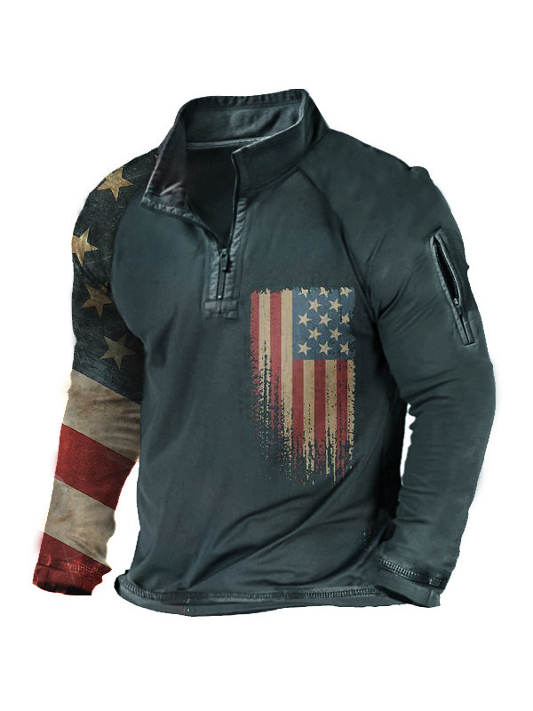 Vintage American Flag Men&#39;s Henley Half Collar Tactical Long Sleeve T-Shirt