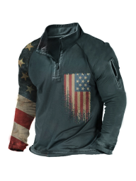 Vintage American Flag Men's Henley Half Collar Tactical Long Sleeve T-Shirt