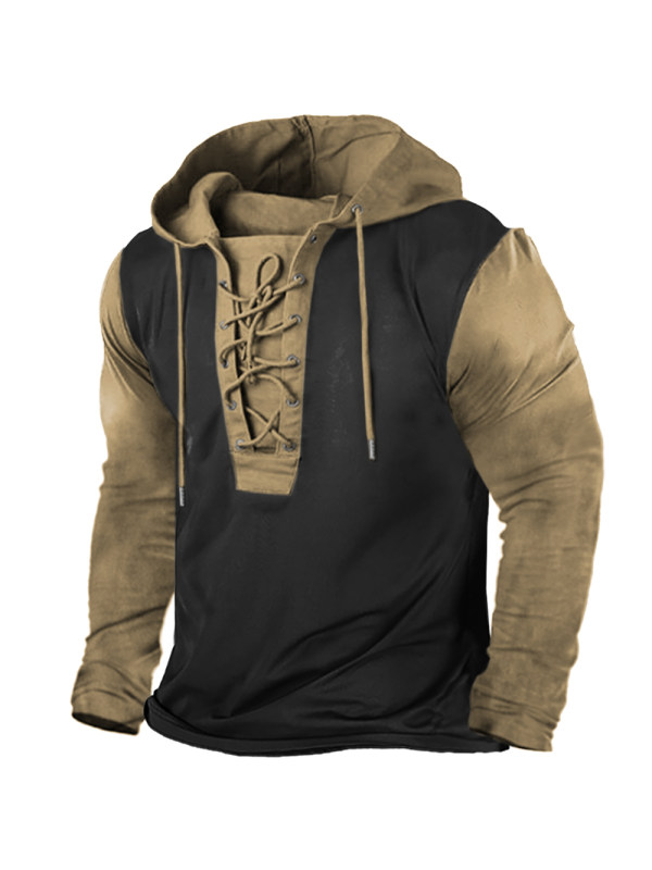 Men&#39;s Outdoor Vintage Colorblock Lace-Up Hooded Long Sleeve T-Shirt