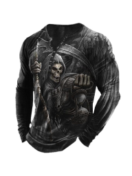 Men's Vintage Dark Skull Print Halloween Henley Collar Long Sleeves T-shirt